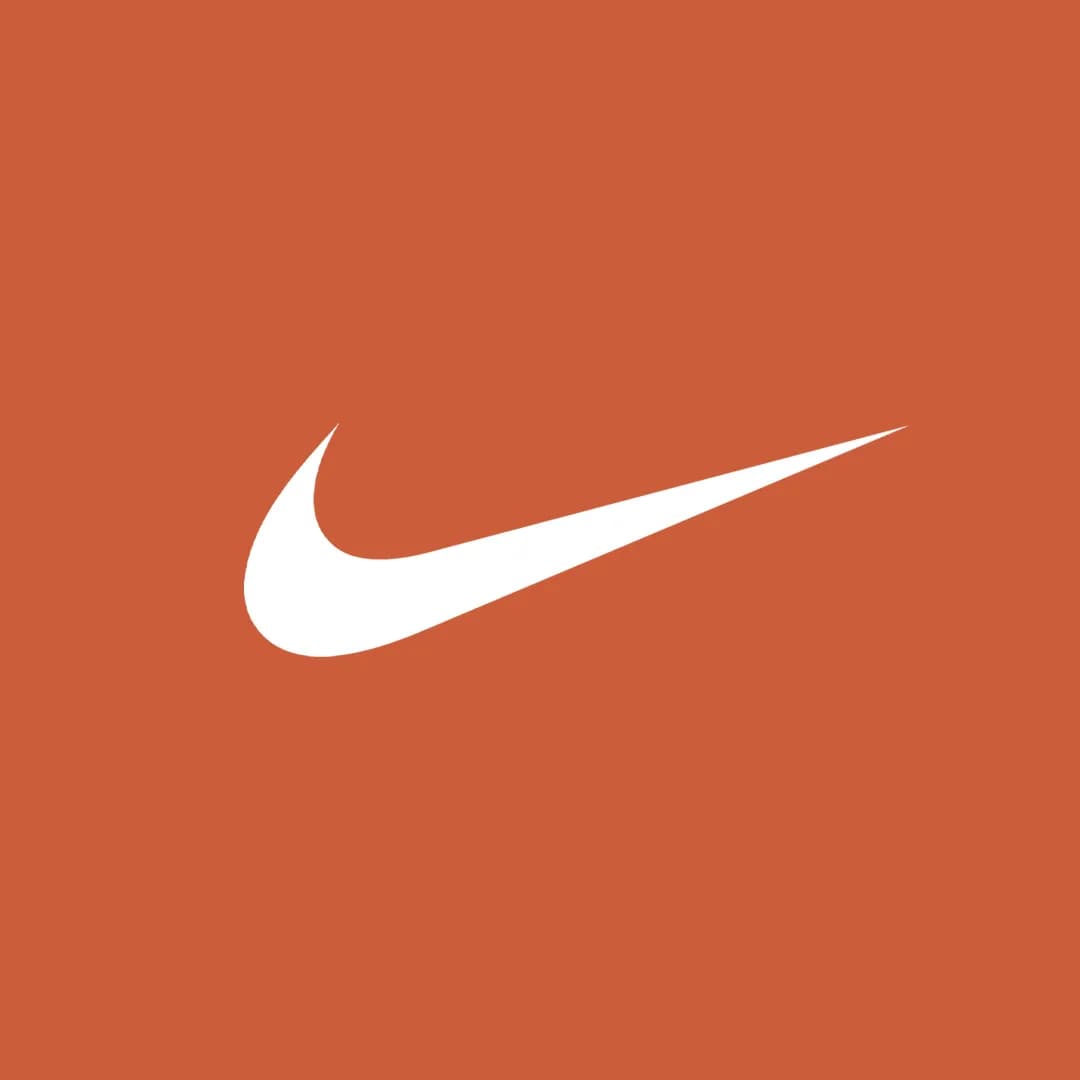 White swoosh logo on an orange background.