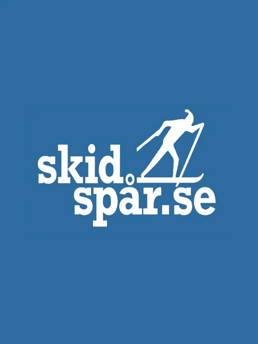 White silhouette of a skier with poles and the text "skidspår.se" on a blue background.