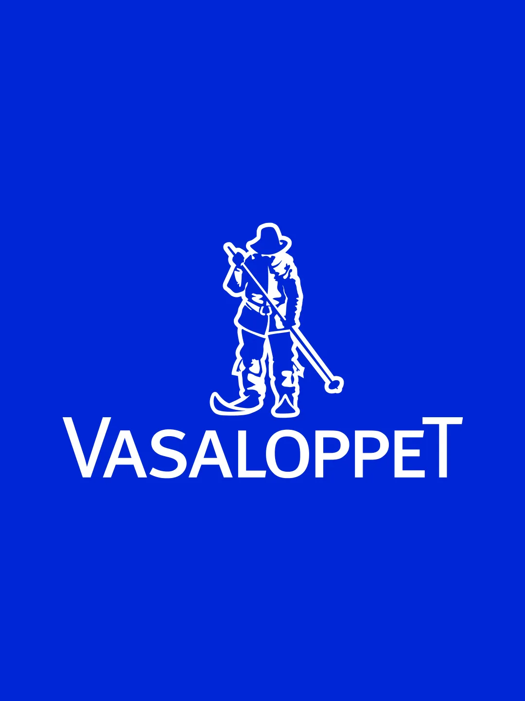 Silhouette of a skier holding poles above the word "Vasaloppet" on a blue background.
