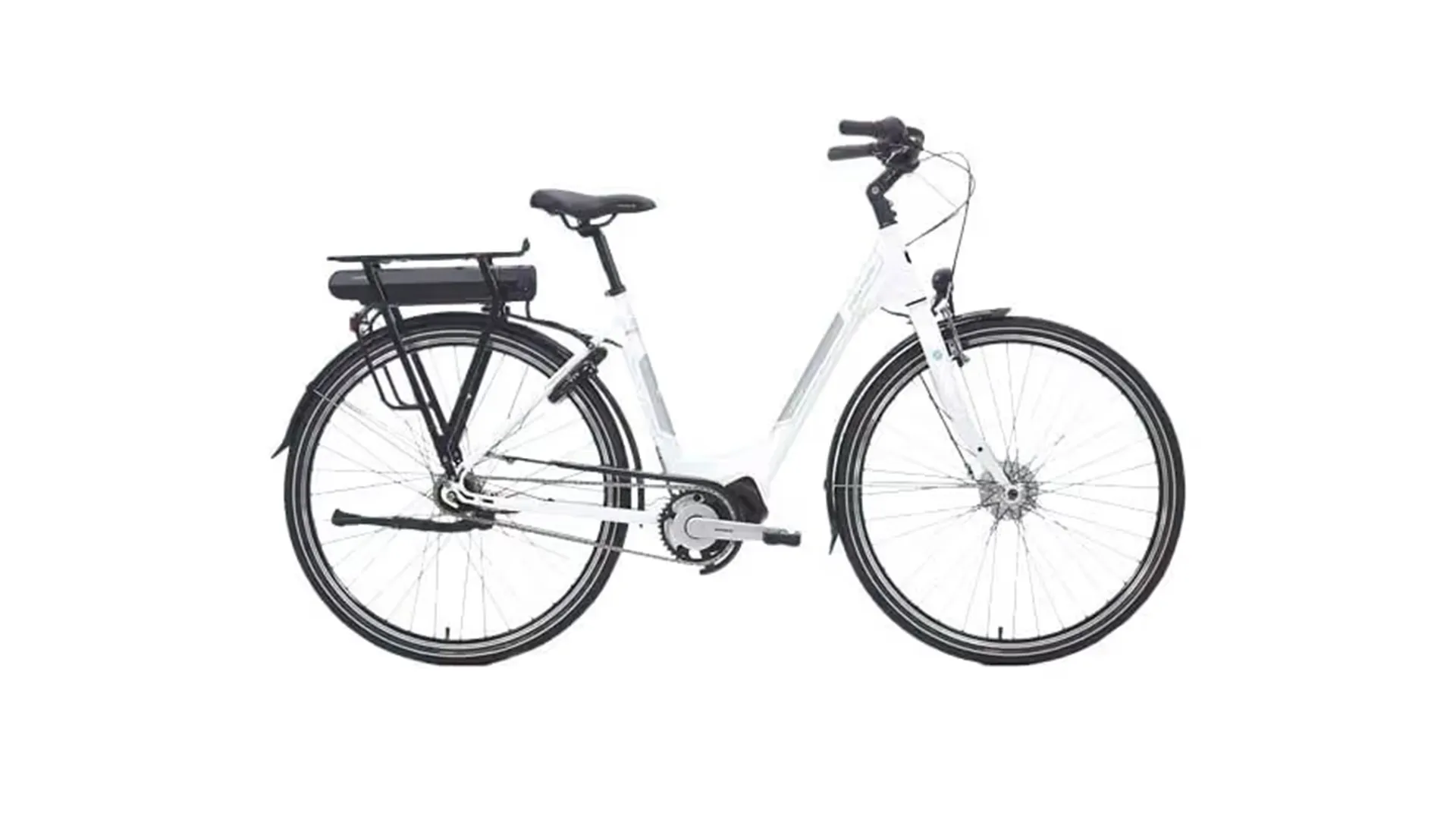 White electric bicycle with a step-through frame, black seat, and battery on the rear rack, isolated on a white background.