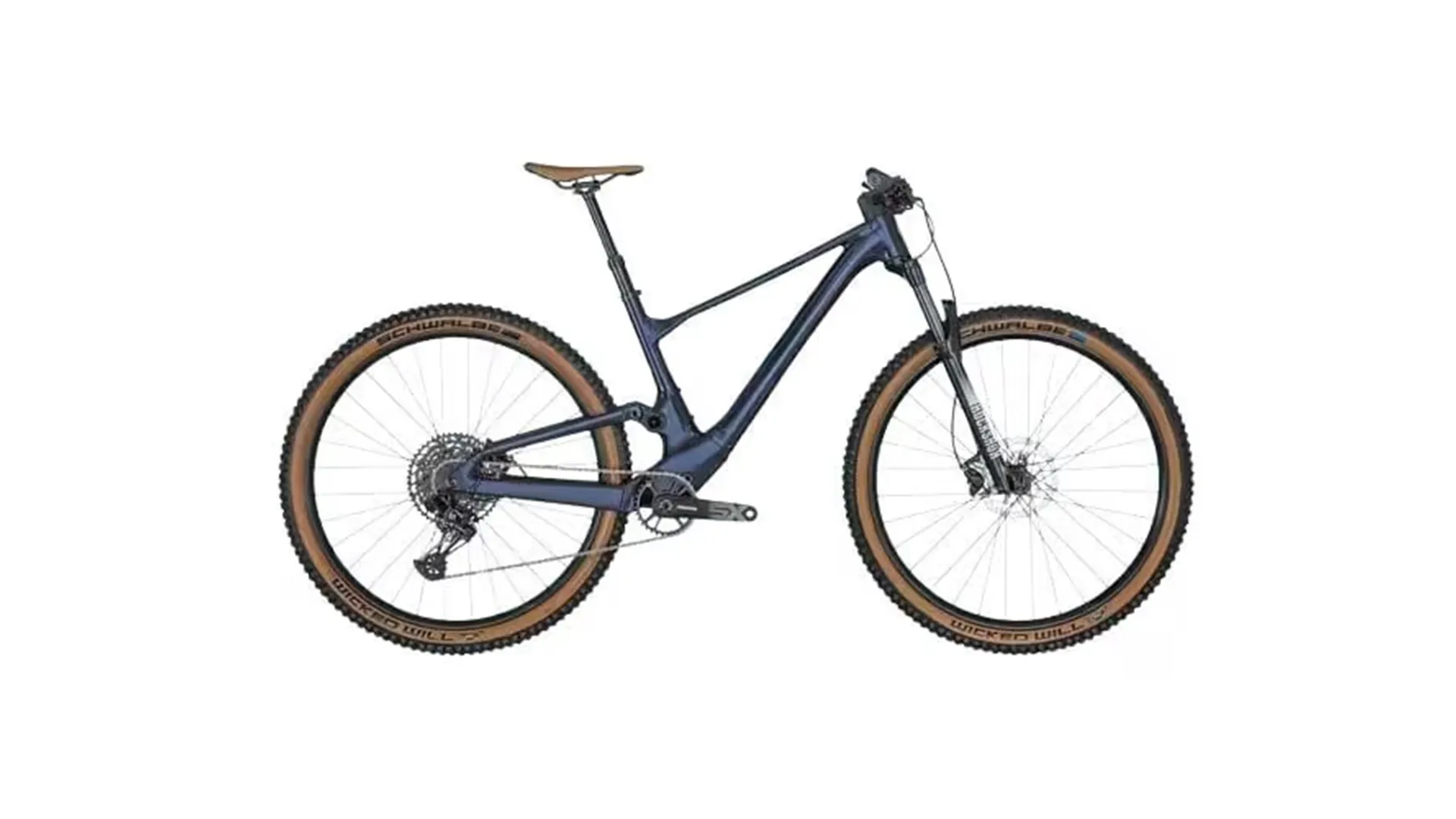 A sleek, dark blue mountain bike with a tan leather saddle and knobby tires, viewed from the side against a white background.
