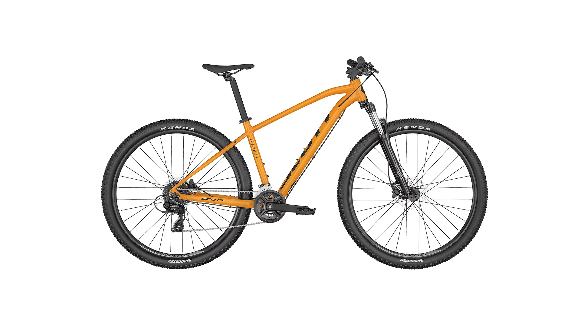 Orange mountain bike with a sleek frame, black saddle, and large tires, designed for off-road cycling.