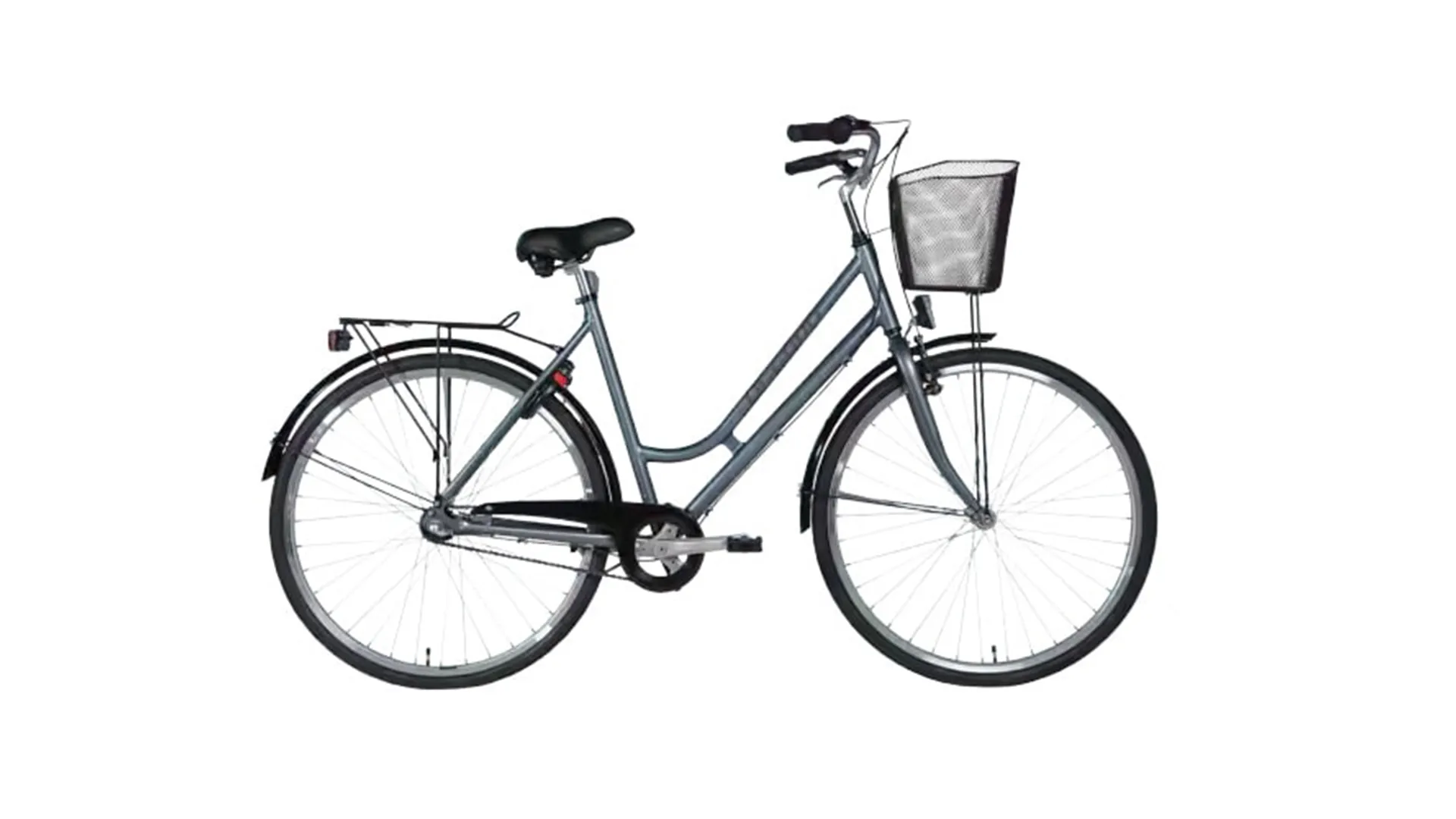 A gray step-through bicycle with a front basket and rear rack is shown from the side on a white background.