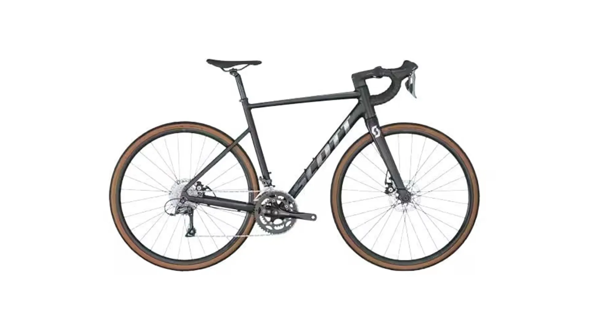A sleek black road bike with drop handlebars, brown tires, and a streamlined design, viewed from the side on a white background.