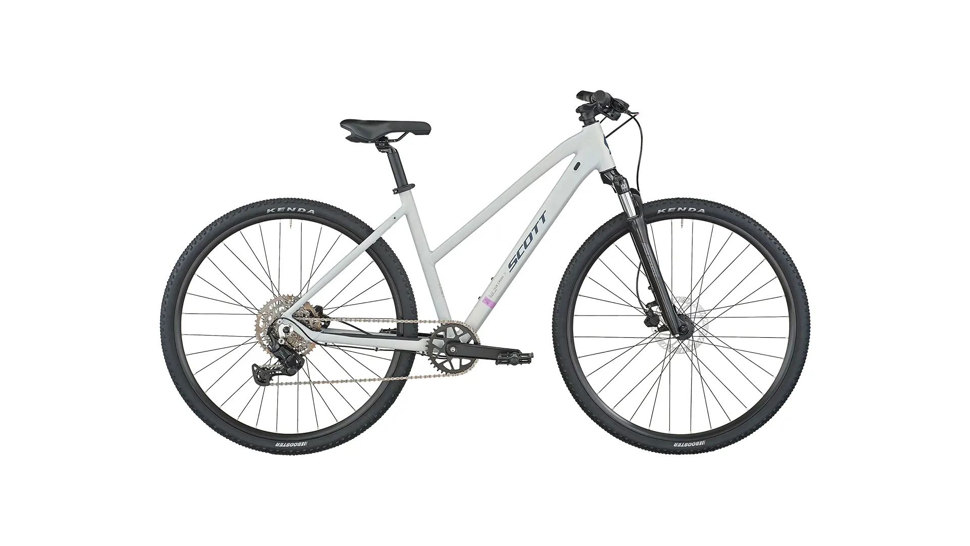 White step-through mountain bike with large tires, front suspension, and a black saddle, set against a plain background.
