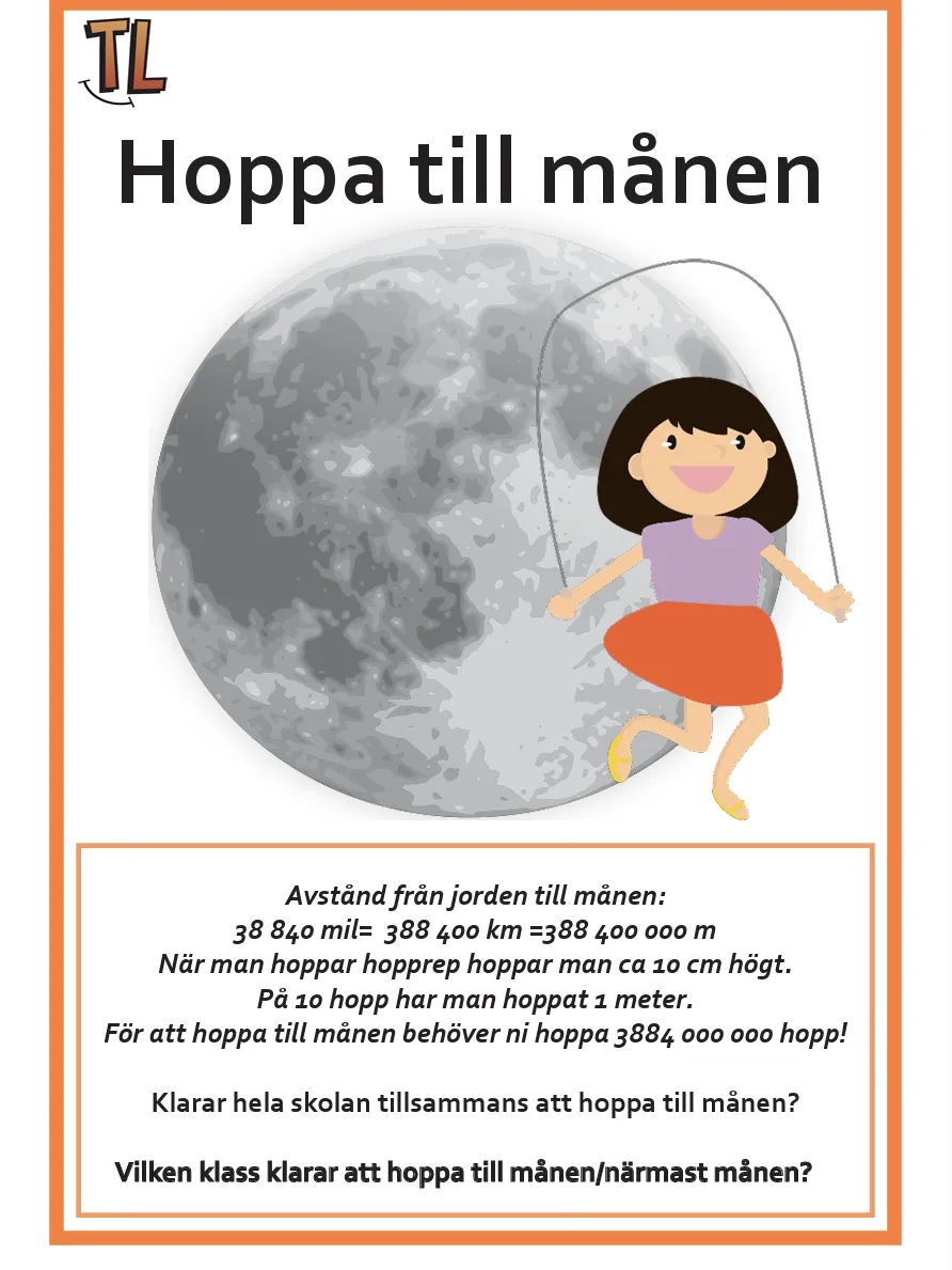 Illustration of a girl skipping rope in front of a large moon, with Swedish text about jumping the distance to the moon.
