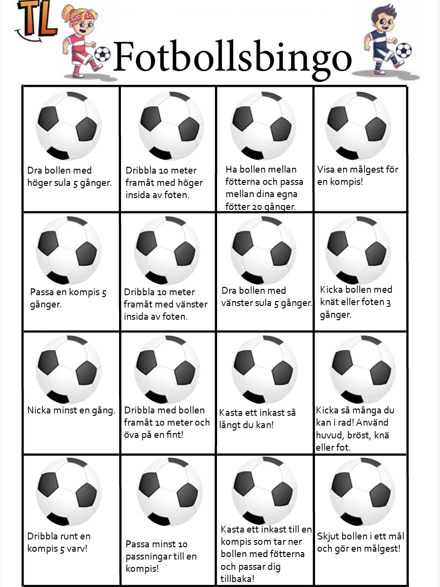 A bingo card with a soccer theme, featuring cartoon characters and various soccer-related challenges in each square.