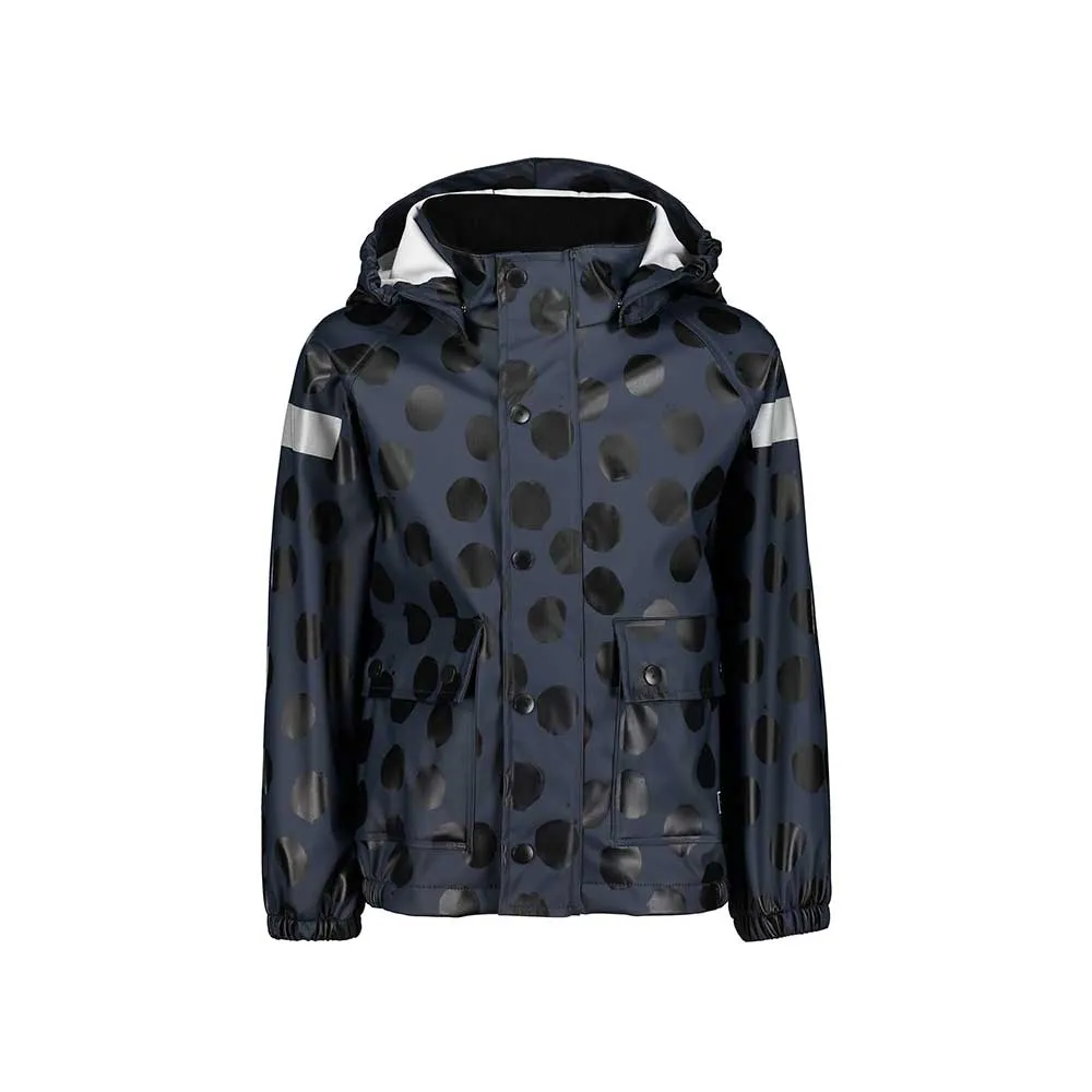 Dark blue raincoat with black polka dots, front pockets, and a hood, designed for wet weather protection.