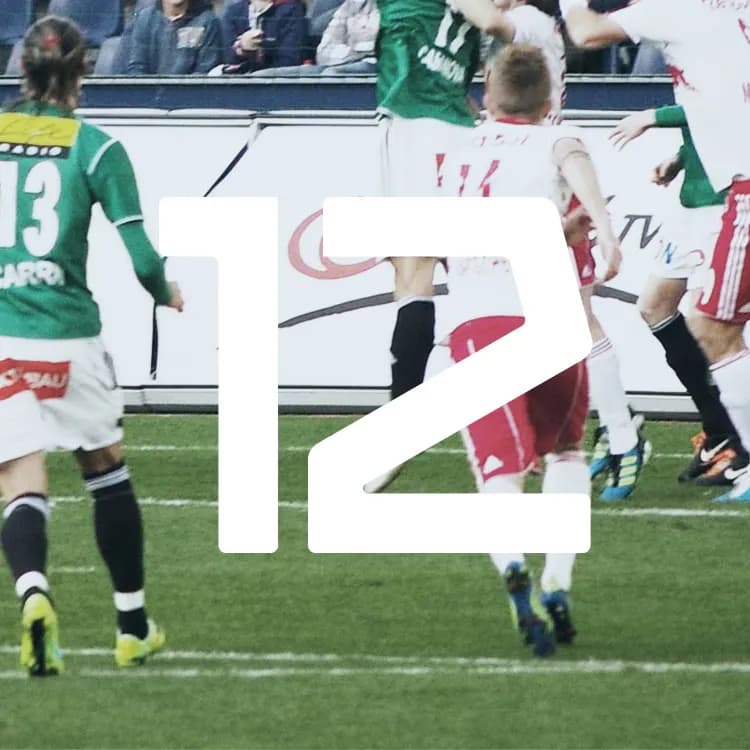 Players in green and red uniforms compete in a soccer match on a grassy field, with the number 12 superimposed over the scene.