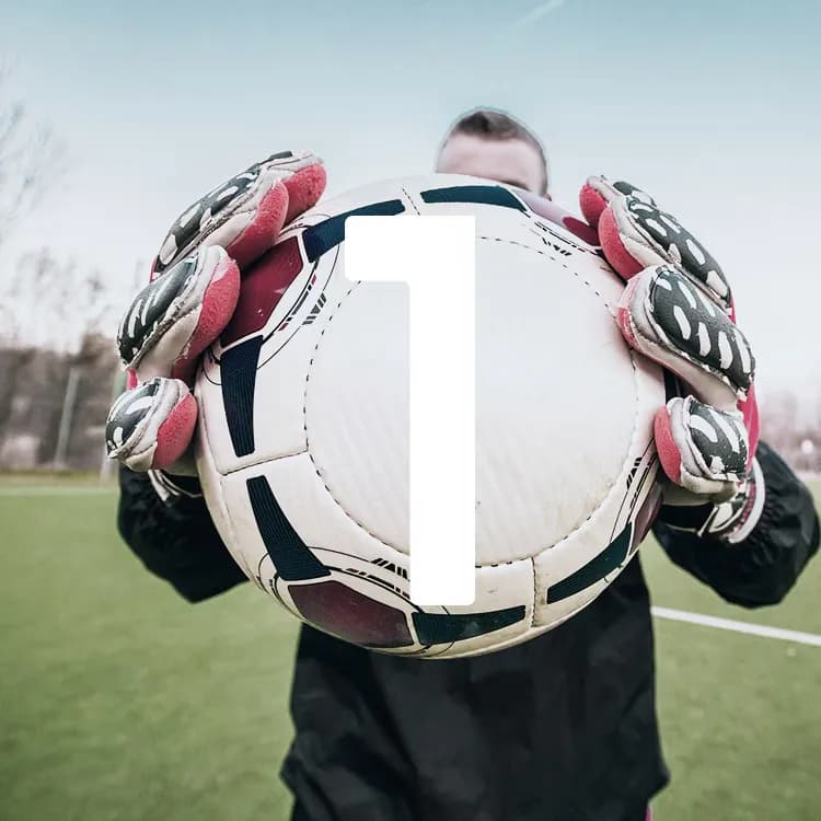 A soccer goalie in gloves holds a ball with a large white "1," standing on a green field with trees in the background.