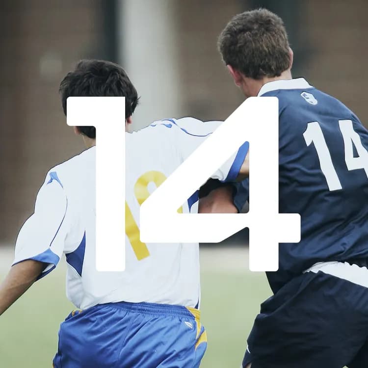Two soccer players in blue and white jerseys compete for the ball. Large "14" text overlay covers the action.