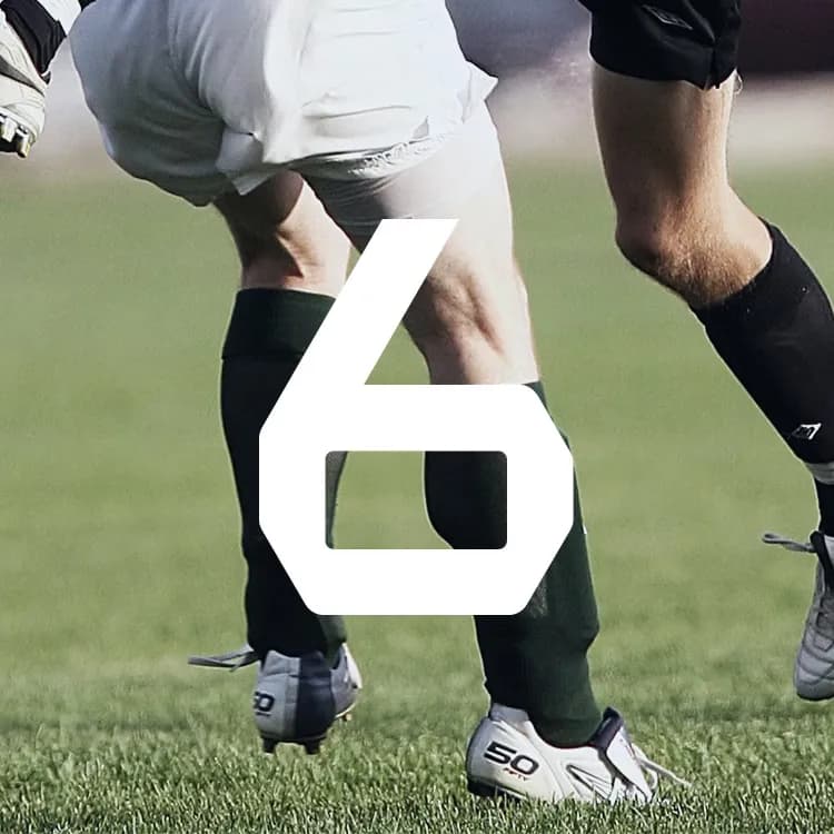 Two soccer players in action on a field, with the number six prominently displayed over the image.