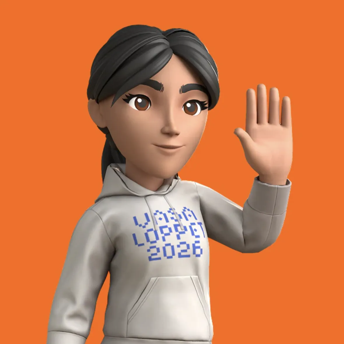Animated character with dark hair in a ponytail wearing a gray "Vasaloppet 2026" hoodie, smiling and waving against an orange background.
