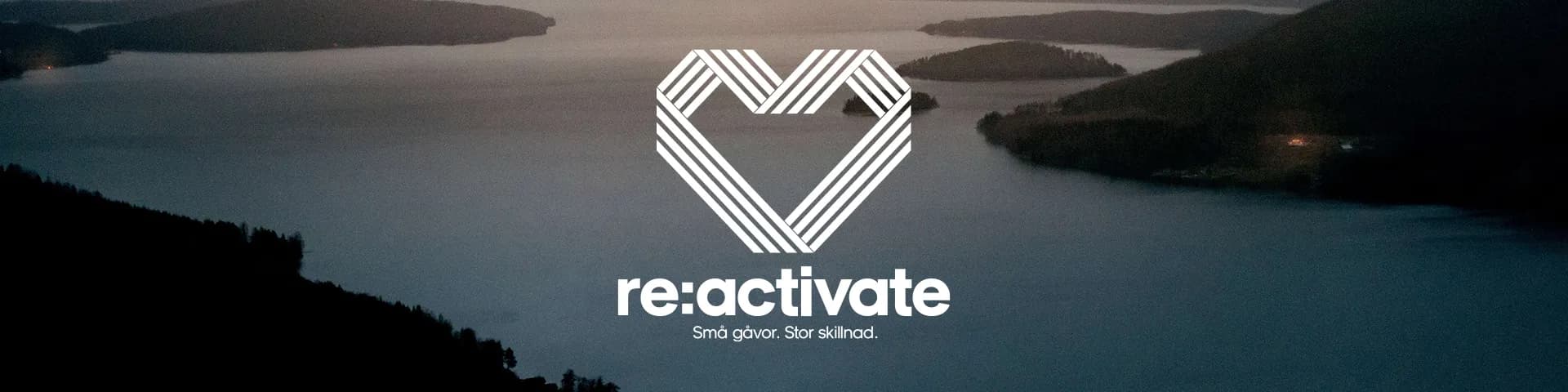 A tranquil lake at dusk surrounded by hills, overlaid with a "re:activate" logo featuring a heart design.