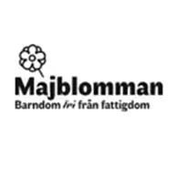 Logo of Majblomman with a flower graphic and the text "Barndom fri från fattigdom" below it.