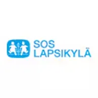 Logo of SOS-Lapsikylä with two white figures and leaves on a blue background.