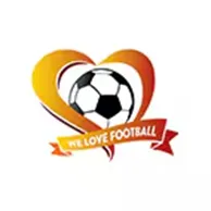 Heart-shaped logo with a soccer ball inside and a red ribbon stating "We Love Football" beneath it on a white background.