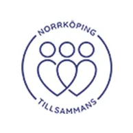 Logo with three abstract figures forming two hearts, encircled by the text "Norrköping Tillsammans" in blue.