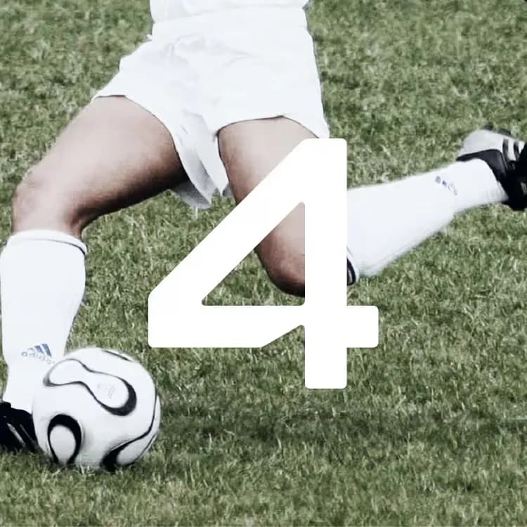 A soccer player in white uniform kicks a ball on grass, with a large number 4 overlaying the image.
