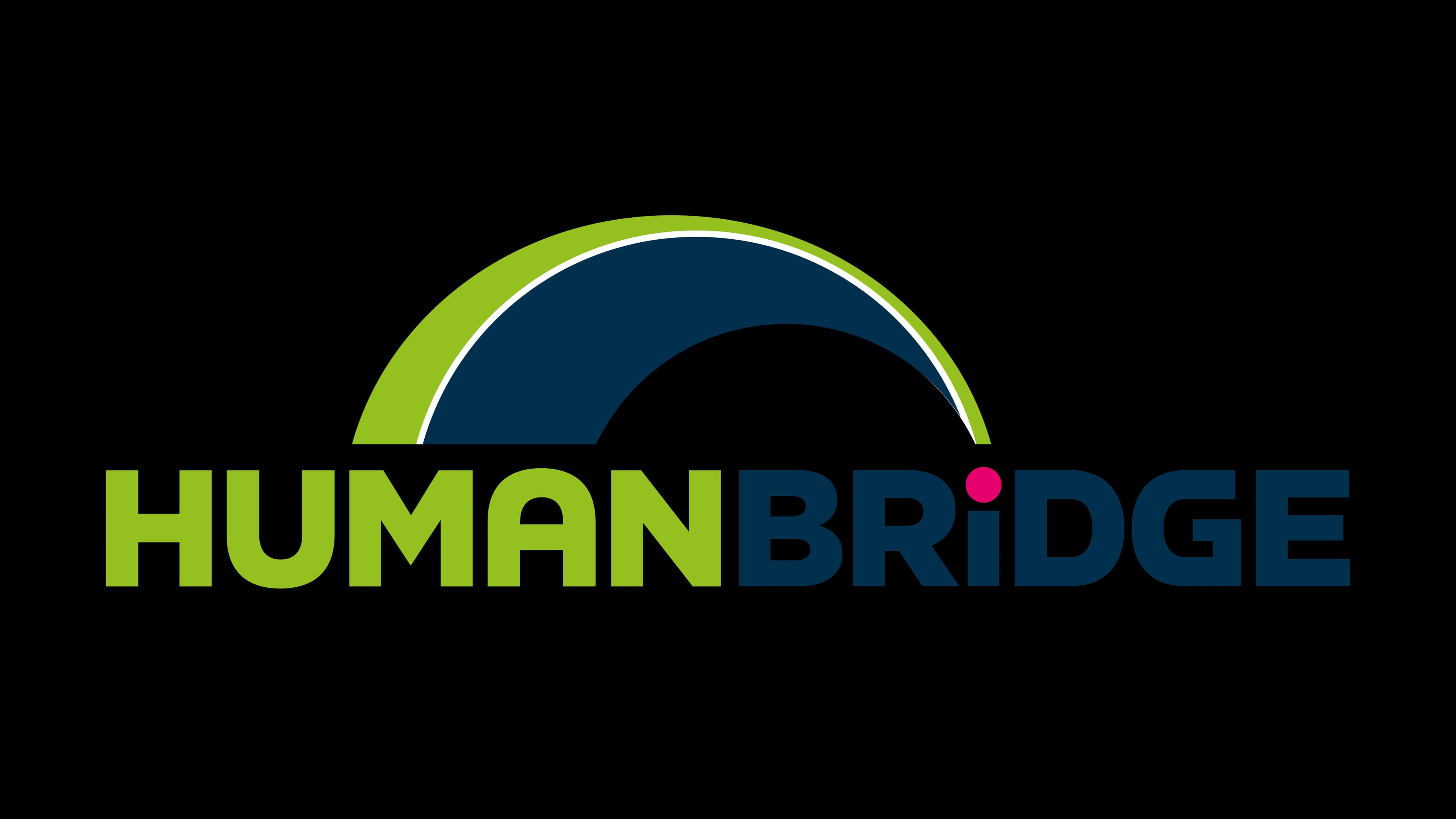 Logo of "Human Bridge" with stylized green and blue arch above the text, featuring a pink dot over the letter "I".